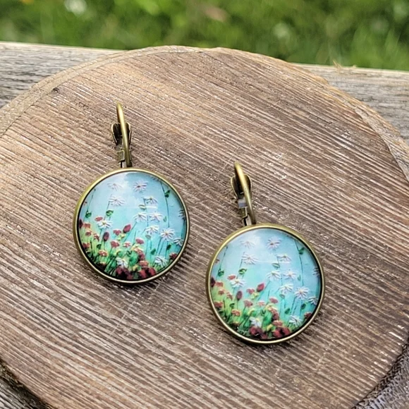 Wildflower Domed Medallion Earrings, Antiqued Bronze - Picture 2 of 4